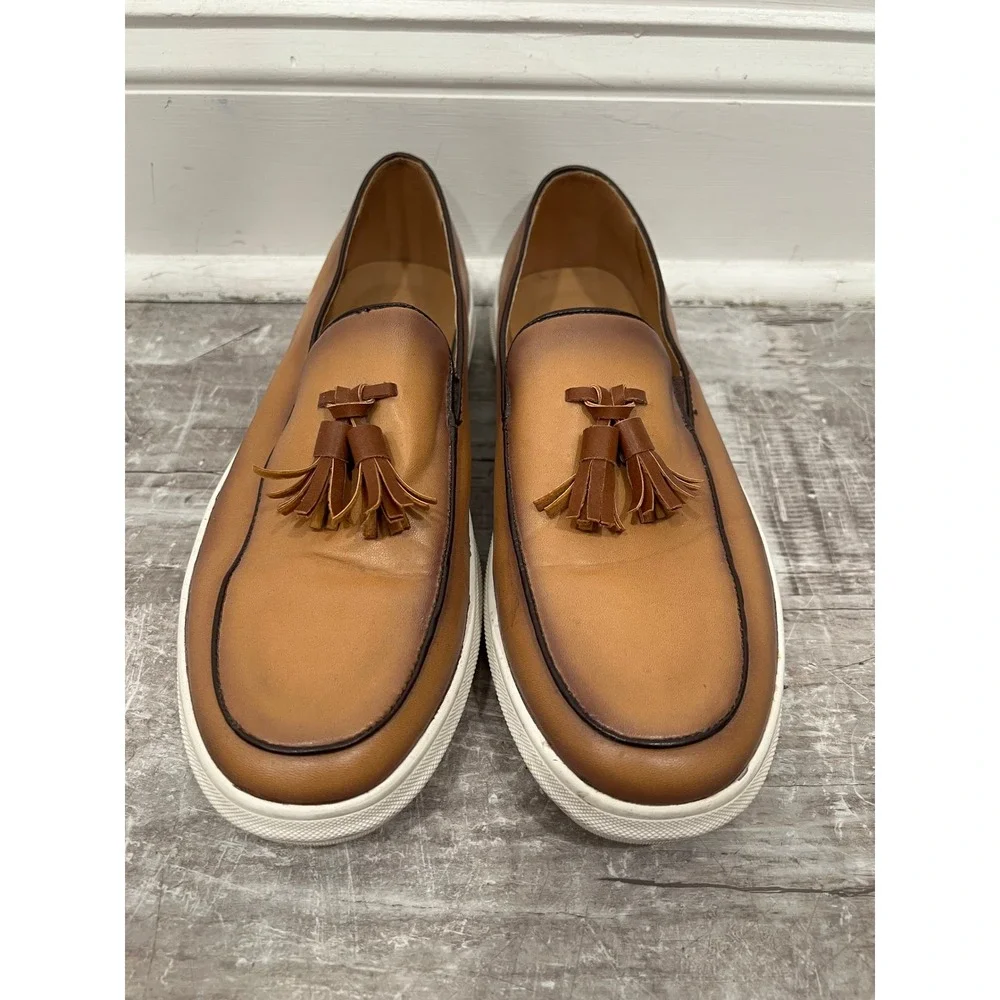 Tassel Loafers Mens Size 44 Brown Leather Slip On Burnished Sneaker Sole